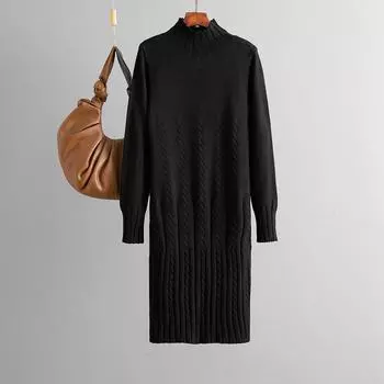 Утепленное вязаное платье для женщин на середину осени и зиму, длиной до колена, юбка-свитер, юбка-подкладка OneSize чёрный