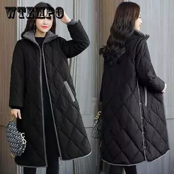 Утепленное женское зимнее хлопковое стеганое пальто средней длины. Женская свободная стеганая куртка выше колена. XXXXL