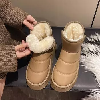 Утепленные ботинки с толстой подошвой, женские хлопковые ботинки для активного отдыха, водонепроницаемые и противоскользящие ботинки длиной до середины голени 41 чёрный