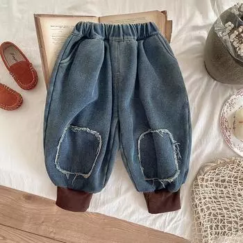 Утепленные джинсы для мальчиков, детская мода, лоскутные джинсовые брюки-джоггеры, детские повседневные теплые брюки, одежда для зимы 80 синий