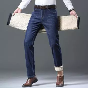 Утепленные джинсы из овечьей шерсти, мужские модели, свободные прямые брюки, новые хлопковые эластичные осенне-зимние теплые деловые модели джинсов 28