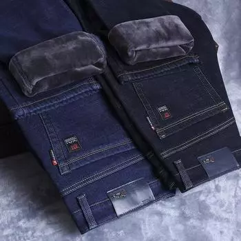 Утепленные джинсы мужские осенне-зимние модели утолщенные теплые прямые свободные внешние повседневные хлопковые зимние брюки мужские 28 синий