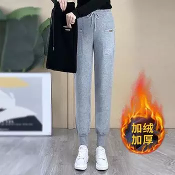 Утепленные флисовые леггинсы 2024 года, новинка зимы, брюки-харлан с высокой талией и завязками, спортивные брюки, повседневные брюки, женские брюки M чёрный