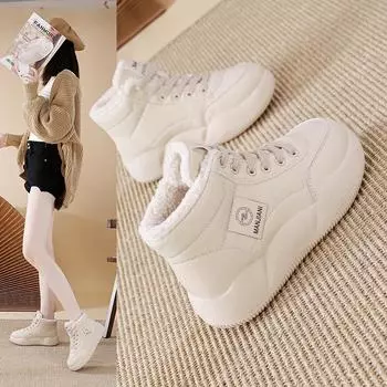 Утепленные флисовые зимние ботинки для женщин, новые хлопковые ботинки средней высоты на толстой подошве, сохраняющие тепло и защищающие от холода, короткие ботинки для женщин 35 бежевый