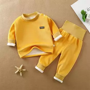 Утепленные комплекты с подкладкой, термобелье для малышей, флисовый костюм с высокой талией для мальчиков и девочек, детская одежда 80