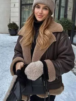 Утепленные куртки из овечьей шерсти, женские теплые меховые куртки с отложным воротником, женская верхняя одежда, уличная модная уличная молния в стиле пэчворк, женская верхняя одежда XS темно-коричневого