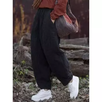 Утепленные шаровары из хлопка и льна, женские, осень и зима, новые, оригинальные, свободные, теплые, брюки-редиски, утолщенные брюки из хлопка, зимняя одежда L красный