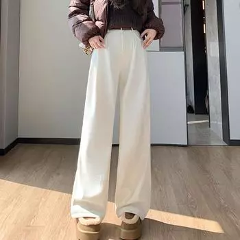 Утепленные теплые свободные широкие брюки женские плюшевые с высокой талией повседневные женские брюки на пуговицах зимние модные прямые брюки S коричневый