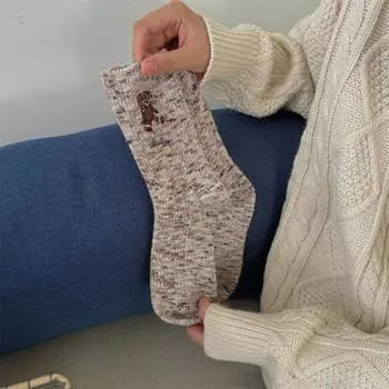 Утепленные вышитые шерстяные носки с мишками для зимних девочек, винтажные махровые носки, теплые носки до середины голени 1 pair бежевый