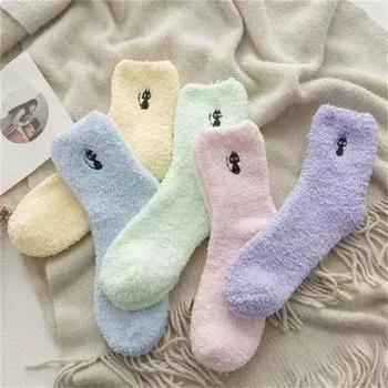 Утепленные женские хлопковые плюшевые утепленные носки с вышивкой кота, женские забавные милые носки для сна, зимние носки 1 Pair синий