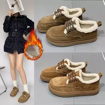 Утепленные зимние ботинки женские осенне-зимние с круглым носком, утолщенные, теплые, с толстой подошвой, нескользящие, для отдыха, из хлопка и меха 35 хаки