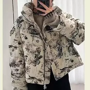 Утепленные зимние куртки с винтажным принтом, женская повседневная верхняя одежда, пуховое хлопковое пальто для женщин, свободная теплая хлопковая стеганая куртка S