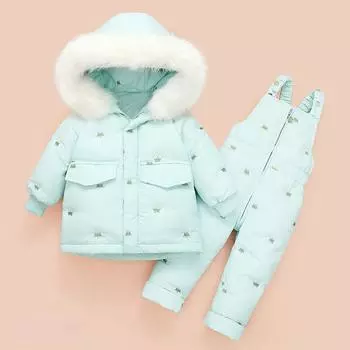 Утепленный детский пуховик с подтяжками из двух частей и меховым воротником для сохранения тепла 80cm розовый