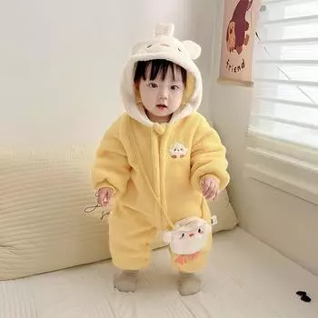 Утепленный флисовый детский комбинезон с капюшоном - ветрозащитный зимний наряд для новорожденных 80 cm жёлтый