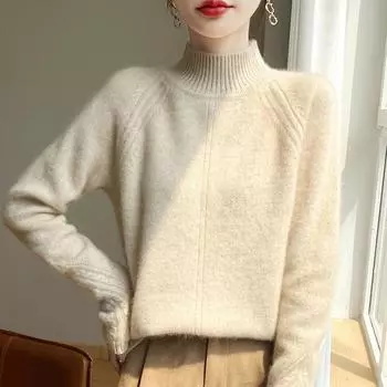 Утепленный кардиган с полувысоким воротником для женщин на осень и зиму, новый модный и универсальный теплый кашемировый вязаный базовый свитер S бежевый