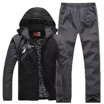 Утепленный спортивный костюм, мужской спортивный костюм с флисовой подкладкой и карманом на молнии, комплект спортивной одежды, термозимний уличный L чёрный