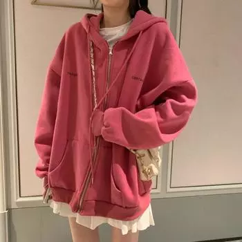 Утепленный свитер с подкладкой, женский свободный кардиган с капюшоном на осень и зиму, студенческая куртка больших размеров на молнии M серый