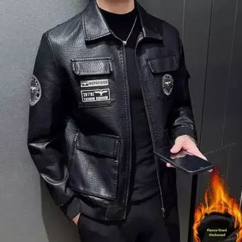 Утепленный толстый мужской повседневный кардиган осень-зима мужская куртка из искусственной кожи с лацканами верхняя одежда модная уличная одежда однотонные мотоциклетные пальто M