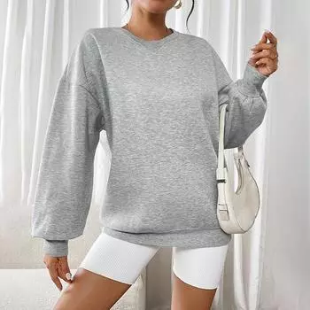 Утепленный топ осень и зима женский свободный повседневный круглый вырез длинный рукав пуловер утолщенный свитшот S светло-серый