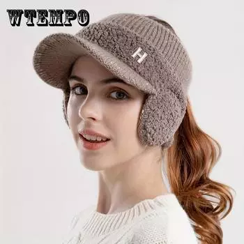 Утеплитель для ушей, козырек с хвостиком, классическая зимняя теплая бейсболка с ушами, толстая флисовая утепленная вязаная шапка, шапка-бини с полями для женщин One Size