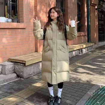 Утолщенная длинная хлопковая куртка для женщин, свободная и выше колена, зимнее пальто в студенческом стиле M чёрный