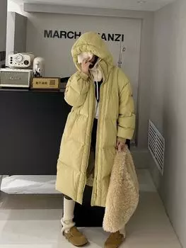 Утолщенная длинная куртка из белого утиного пуха 90% женская свободная куртка-круассан выше колена зимняя взрывная куртка 90-75Kg each чёрный