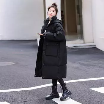 Утолщенная длинная куртка женская новая куртка-хлеб куртка-пуховик куртка-стеганая женская свободная зимняя куртка S чёрный