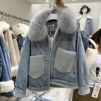 Утолщенная джинсовая куртка BF, женская, осень и зима, новая, большого размера, свободная, бархатная, овечья шерсть, куртка женская, прилив S серый