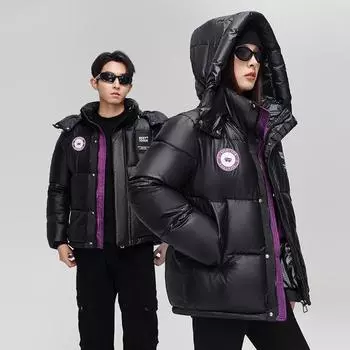Утолщенная фиолетово-золотая теплая пуховая хлопковая одежда пара коротких свободных ветрозащитных курток для мужчин и женщин с одинаковым темпераментом тонкая куртка M чёрный