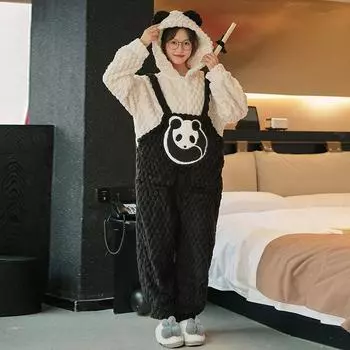 Утолщенная фланелевая пижама женская осенне-зимняя домашняя одежда милая длинная ночная рубашка с капюшоном теплая свободная посадка повседневная одежда для сна M чёрный