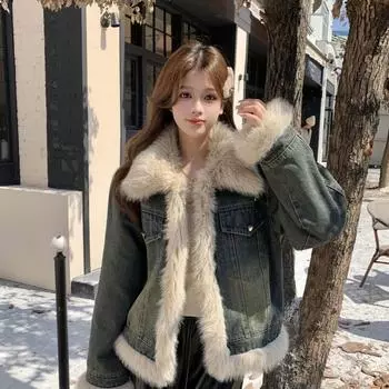 Утолщенная флисовая джинсовая куртка женская 2024 осень-зима новый свободный ретро универсальный дизайн короткая утепленная куртка топ S