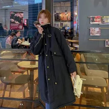 Утолщенная флисовая подкладка из овечьей шерсти, женское хлопковое пальто средней длины, свободного кроя, корейский стиль, осень-зима, новая женская верхняя одежда S чёрный