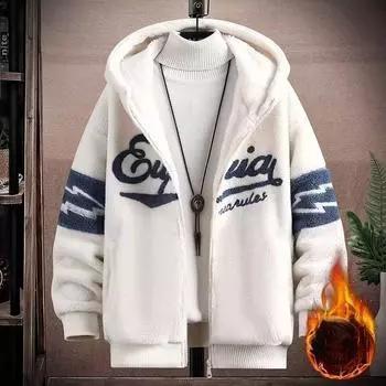 Утолщенная флисовая подкладка из овечьей шерсти для мужчин Повседневная зимняя свободная толстовка Молодежная модная мужская верхняя одежда XL