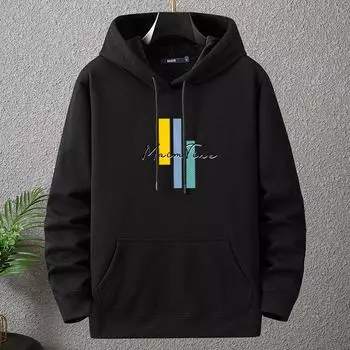 Утолщенная флисовая толстовка с капюшоном, свободная мужская одежда, удобные зимние толстовки с принтом для мужчин L чёрный