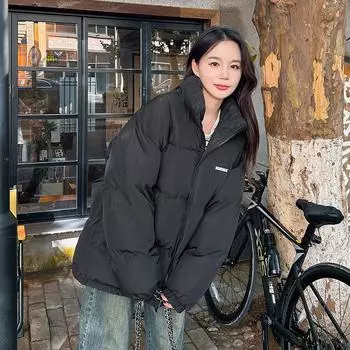 Утолщенная хлопчатобумажная одежда для мужчин и женщин одного стиля, подростковая повседневная простая свободная с воротником-стойкой уличная хлопчатобумажная M белый