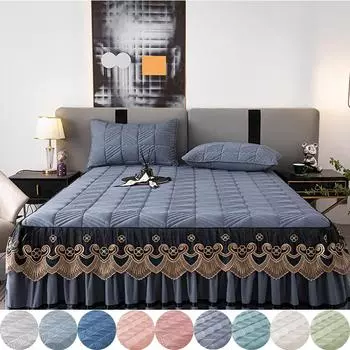 Утолщенная хлопковая кружевная юбка в стиле принцессы, комплект из трех предметов, нескользящее покрывало для кровати 1,8 м/1,5 м/2,0 м 120*200cm светло-синий