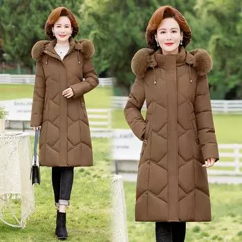 Утолщенная хлопковая куртка с пуховой подкладкой для женщин среднего и пожилого возраста, утолщенная хлопковая подкладка, куртка средней и длинной длины с хлопковой подкладкой для женщин среднего возраста XL чёрный