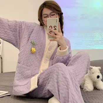 Утолщенная хлопковая пижама с длинными рукавами для беременных и кормящих мам XL