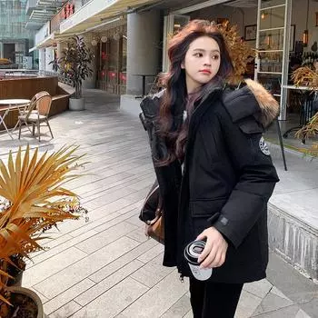 Утолщенная хлопковая подкладка женская зимняя новая свободная короткая военная куртка с капюшоном модная S чёрный