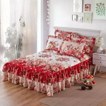 Утолщенная хлопковая юбка-кровать, двойное кружевное покрывало, хлопковая простыня с алоэ вера, шапки, покрывало 12/1,5/1,8/2 м 3PCS 120x200cm