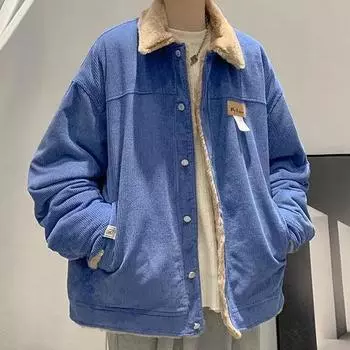 Утолщенная хлопковая вельветовая куртка мужская зимняя модная брендовая американка стиль винтажное хлопковое пальто свободный крой японский модный XL синий