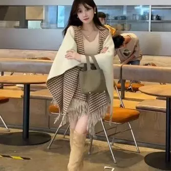 Утолщенная и теплая шаль с капюшоном, модная женская куртка-кардиган в клетку. One Size бежевый