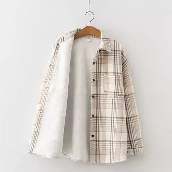 Утолщенная клетчатая рубашка, женская плюшевая свободная шерстяная куртка с начесом S белый