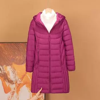 Утолщенная куртка большого размера, утолщенная, женская, средняя и длинная, на белом утином пуху, легкая и тонкая куртка с капюшоном, съемная шапка M чёрный