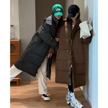 Утолщенная куртка длиной до колена с хлопковой подкладкой для женщин, зимняя свободная куртка с хлопковой подкладкой, одежда для хлеба, куртка с хлопковой подкладкой S чёрный