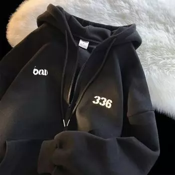 Утолщенная куртка-кардиган с капюшоном на флисовой подкладке, мужская осенне-зимняя толстовка для пар, большой размер, капюшон на молнии XS чёрный