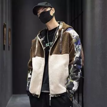 Утолщенная куртка осень-зима новинка модное мужское пальто с капюшоном модный бренд цвет сращивание овечья шерсть пальто S коричневый