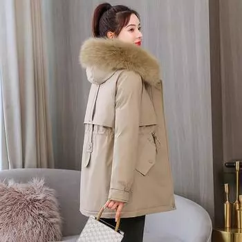 Утолщенная куртка-парка для женщин, новинка зимы 2023, свободная плюшевая куртка с большим воротником для женщин M хаки