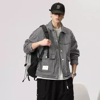 Утолщенная куртка Tooling Jacket Мужская модная брендовая свободная куртка большого размера в полоску повседневная грубая красивая джинсовая ткань M темно-синий