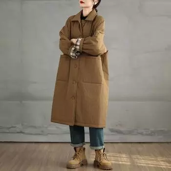 Утолщенная куртка-тренчкот средней и длинной длины из хлопка для женщин 2024 года, новая зимняя свободная куртка большого размера в иностранном стиле Large size L чёрный